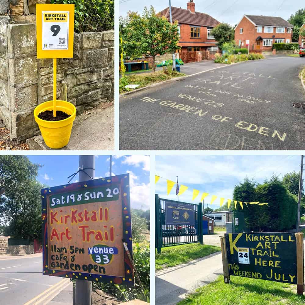 Yellow bunting, venue number signs, and directional arrow signage marking a Kirkstall Art Trail venue.