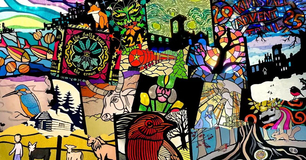 Collage of Kirkstall Advent Trail window designs from past years, showing winter scenes of Kirkstall, local wildlife, a nutcracker, nativity scenes, and other Christmas designs.