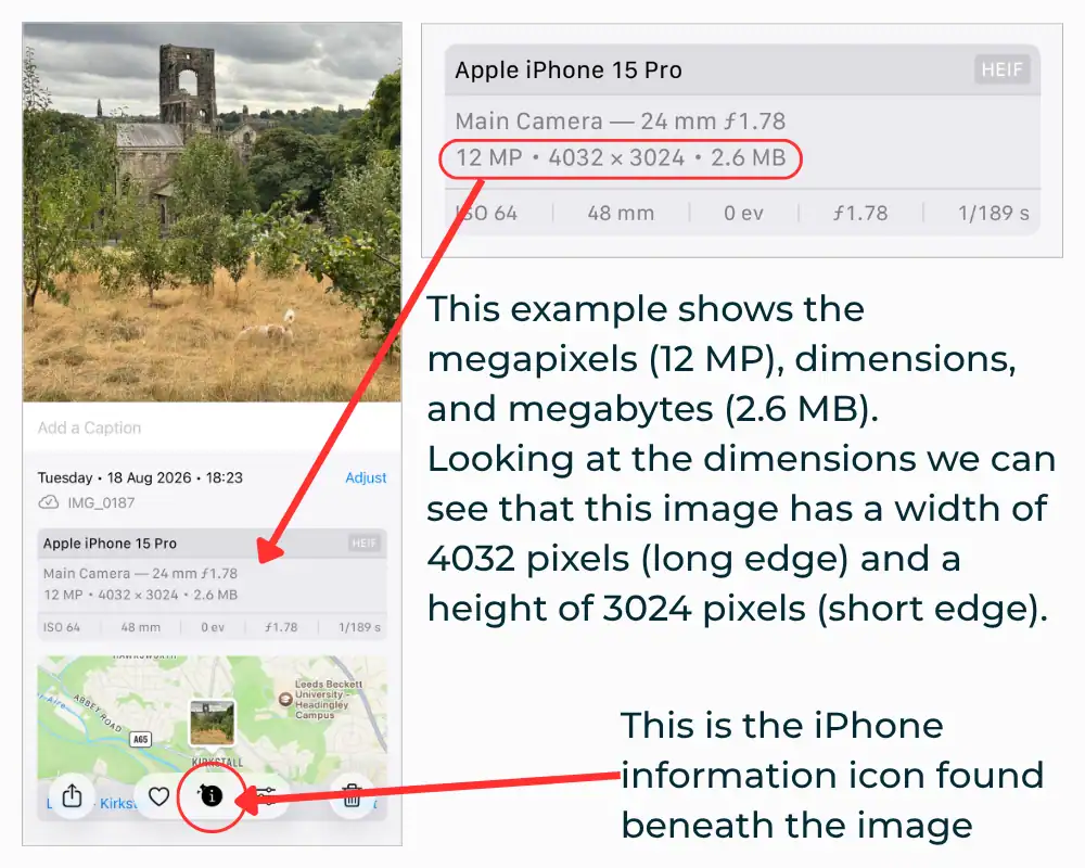 A screenshot from an iPhone. It shows the data from a photograph, highlighting the dimensions in pixels. The width is 4032 pixels and the height is 3024 pixels. It's total size is 12MP, with a file size of 2.6MB.