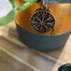 The Vegvisir Pendant Amulet Necklace, featuring Norse runic designs, hangs on a string in front of a green potted plant with an orange and gray pot, resting on wood with polished stones nearby.