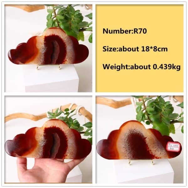The Natural Carnelian Crystal Carving (No. R70, approx. 18×8 cm, 0.439 kg) features a polished cloud-shaped agate slice in brown and red tones, displayed on a stand and shown from multiple angles.