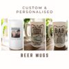 Three Personalised & Custom Frosted Beer Steins are shown: one with a photo and I LOVE YOU, another with Only the BEST DAD supports the SHARKS, and a third saying DAD No.1 Best VINTAGE THE MAN THE MYTH THE LEGEND.