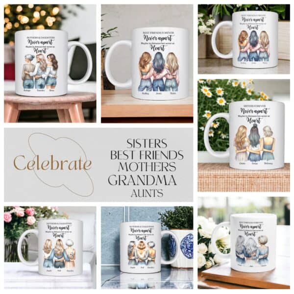 The Custom Personalised Best Friend, Sisters or Family Mug displays illustrated women labeled as Sisters, Best Friends, Mothers, Grandma, and Aunts with the phrase Never Apart, Maybe in Distance, Never in Heart in diverse scenes.