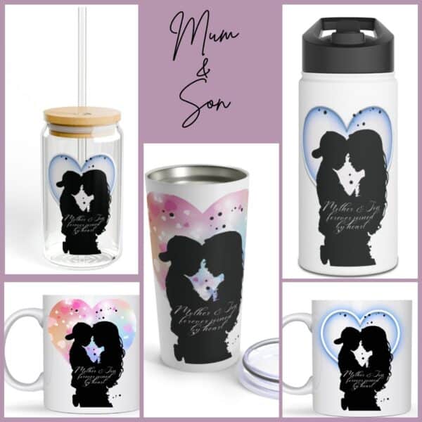 Collage of the Mother and Son Silhouette with Quote drinkware, each featuring a mother and son silhouette within a watercolor heart and the phrase “Mother & Son, forever joined by heart.”.