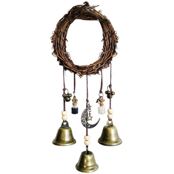 The Magic Bells Wind Chimes For Positivity And Wealth features a handmade twig wreath, three magic bells, a crescent moon with stars, beads, and charms—perfect for bringing positivity to your space.
