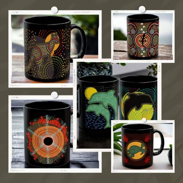 A set of five Aboriginal Art Mugs displays vibrant, dotted animal designs—including dinosaur, turtles, dolphins, and abstract circular motifs—each mug shown separately or grouped.