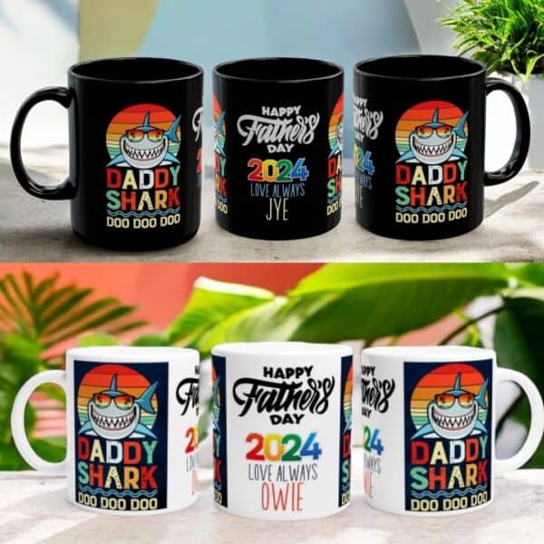 Two rows of Daddy Shark Personalised Mugs show colorful designs. Each mug features a cartoon shark in sunglasses and the phrases “Daddy Shark Doo Doo Doo” and “Happy Father’s Day 2024, Love Always Jye/Owie” in playful fonts.