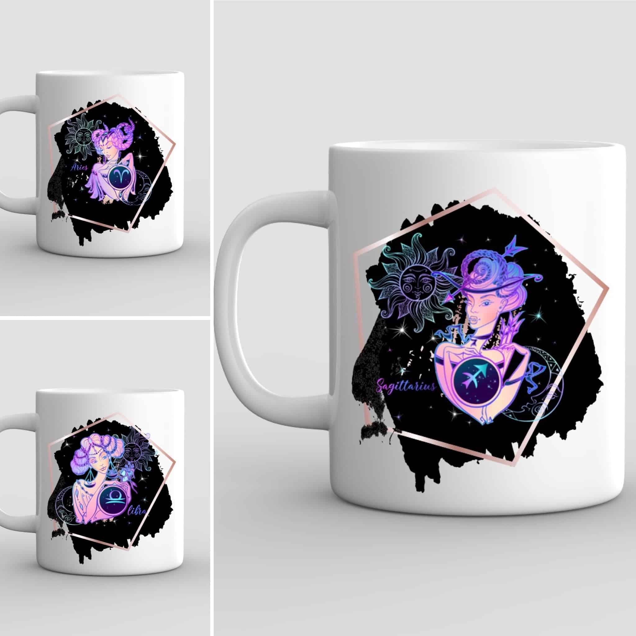 Zodiac Mugs: White ceramic mug with a vibrant illustration of a person with long hair and hat, holding the Sagittarius symbol against a black abstract background, with Sagittarius in cursive.