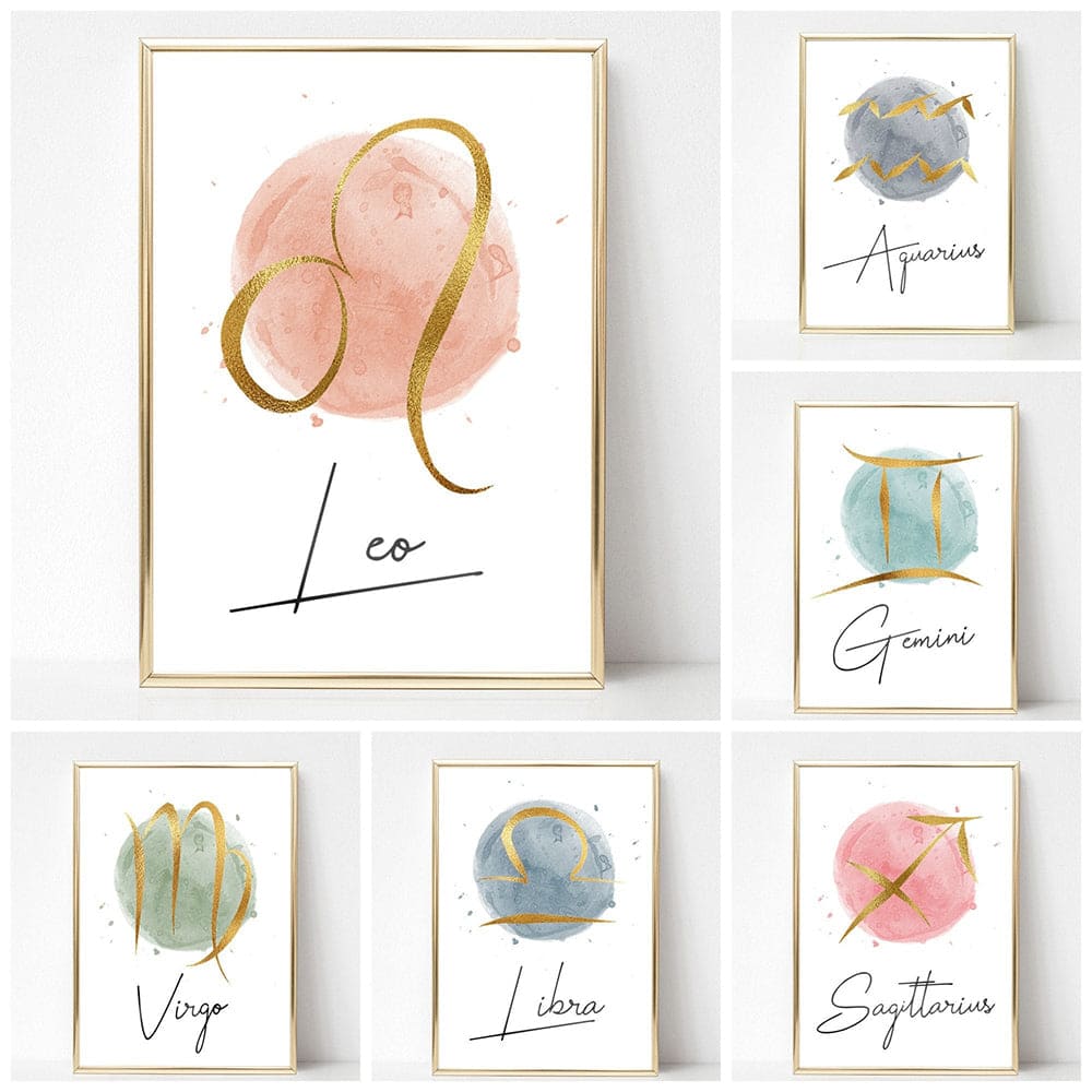 The Zodiac Sign Wall Canvas features six framed prints with watercolor zodiac symbols and names—Leo (pink/gold), Aquarius (blue/gold), Gemini, Virgo, Libra, and Sagittarius—making beautiful zodiac art for your space.