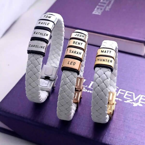 personalised white leather bracelet