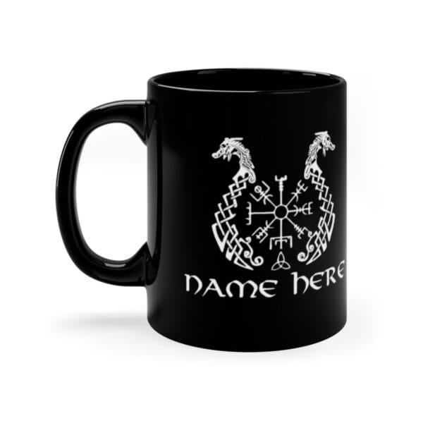 Black ceramic mug with viking dragon boat , with vegvisir