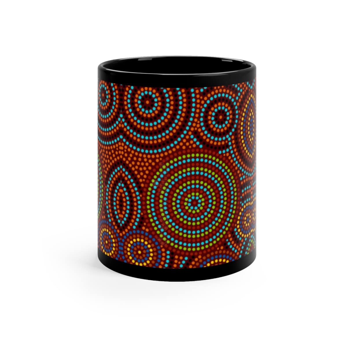 The Aboriginal Dot Art Printed Mug features a vibrant dot painting with concentric circles and patterns in blue, green, yellow, orange, and red on a black background.