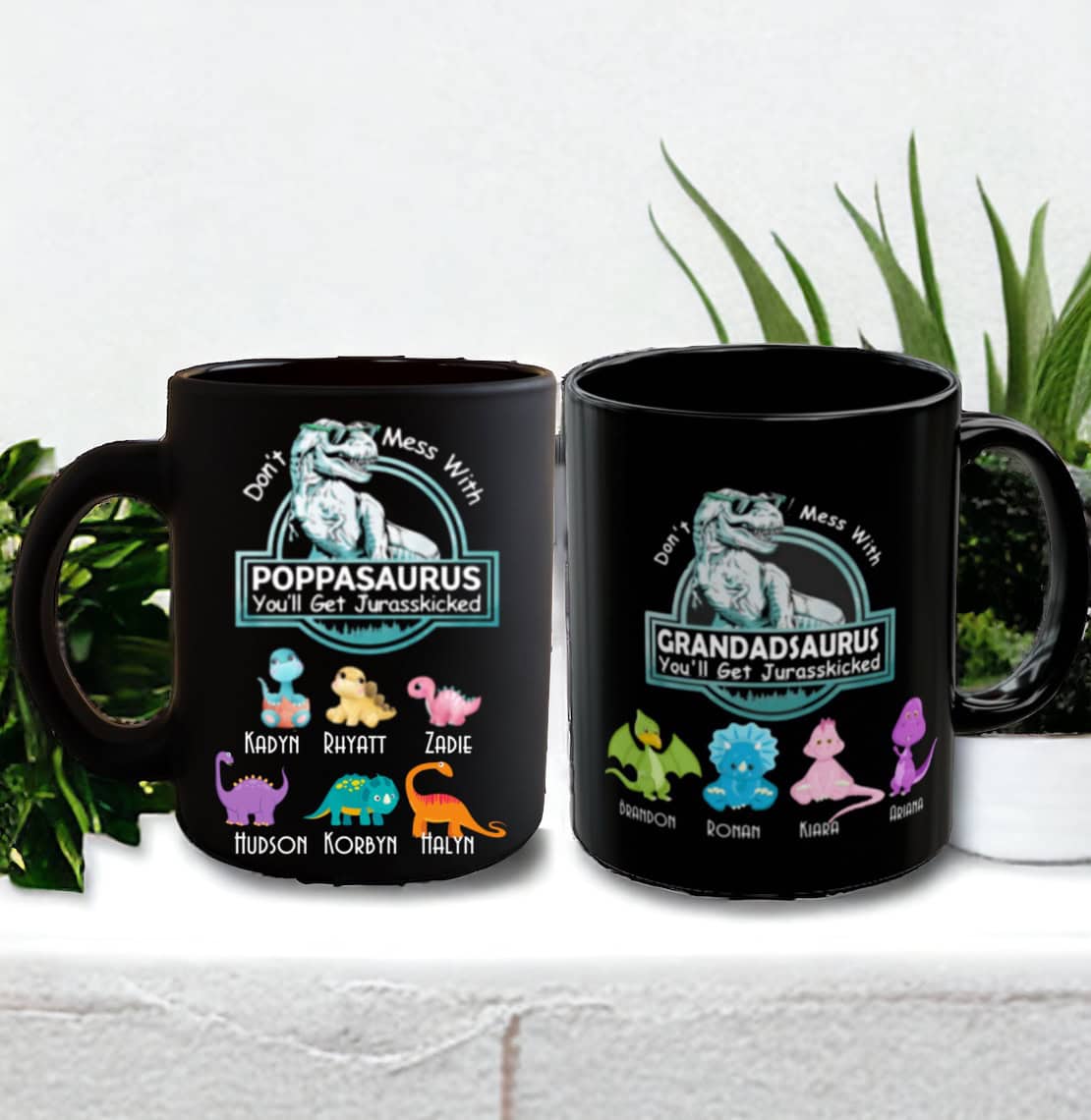 The Get Jurasskicked Mug For Dad or Grandad features dinosaur graphics with “Dont Mess With POPPASAURUS” and “GRANDADSAURUS,” plus colorful dino icons and kids’ names—a fun, personalized gift for family.