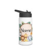 The Jungle Animals Personalised Water Bottle features a black lid and straw, cartoon lion, giraffe, elephant, cheetah, and green leaves around a name label—perfect for kids who love jungle adventures!.