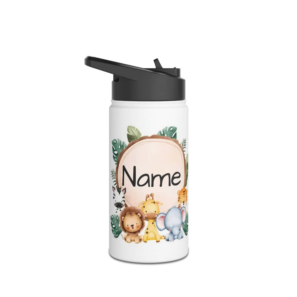 The Jungle Animals Personalised Water Bottle features a black lid and straw, cartoon lion, giraffe, elephant, cheetah, and green leaves around a name label—perfect for kids who love jungle adventures!.