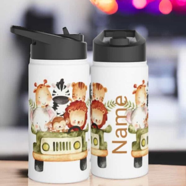 Driving jungle animals personalised water bottle