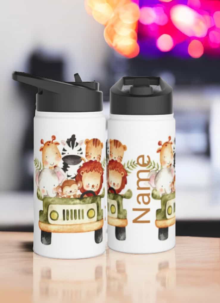 Driving jungle animals personalised water bottle