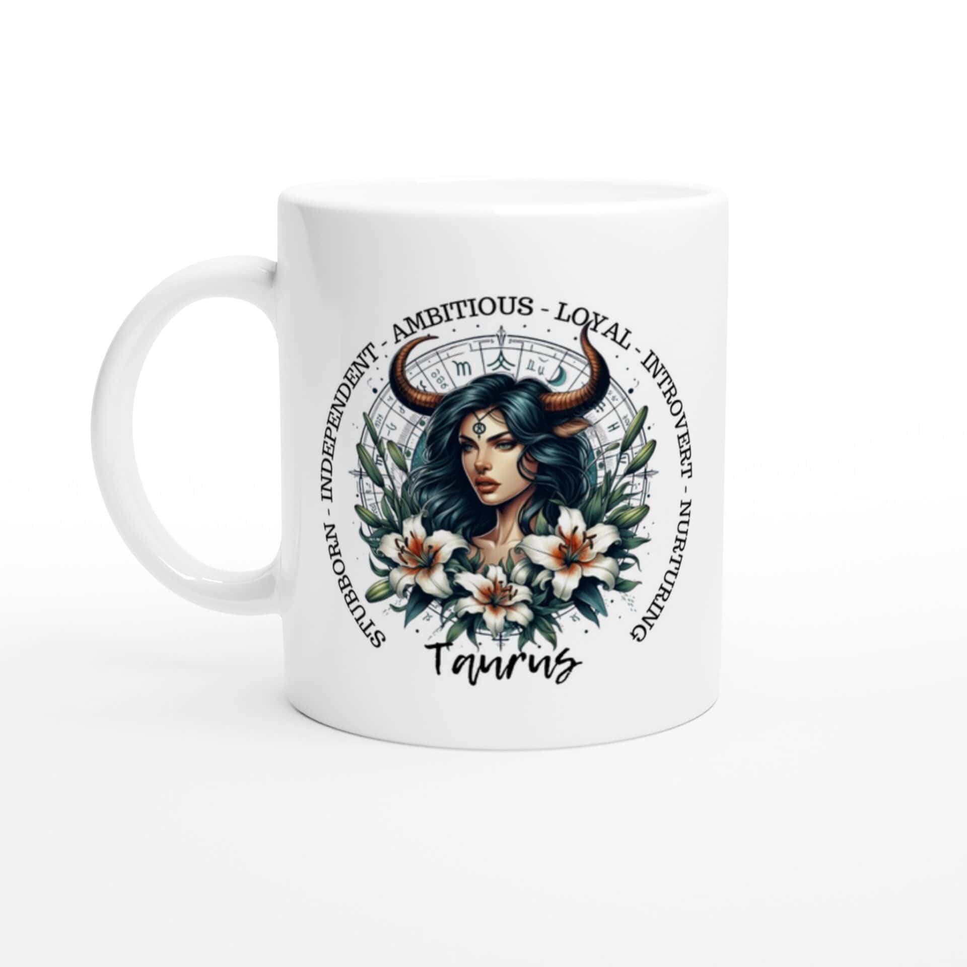 Taurus horned woman with traits on a ceramic mug