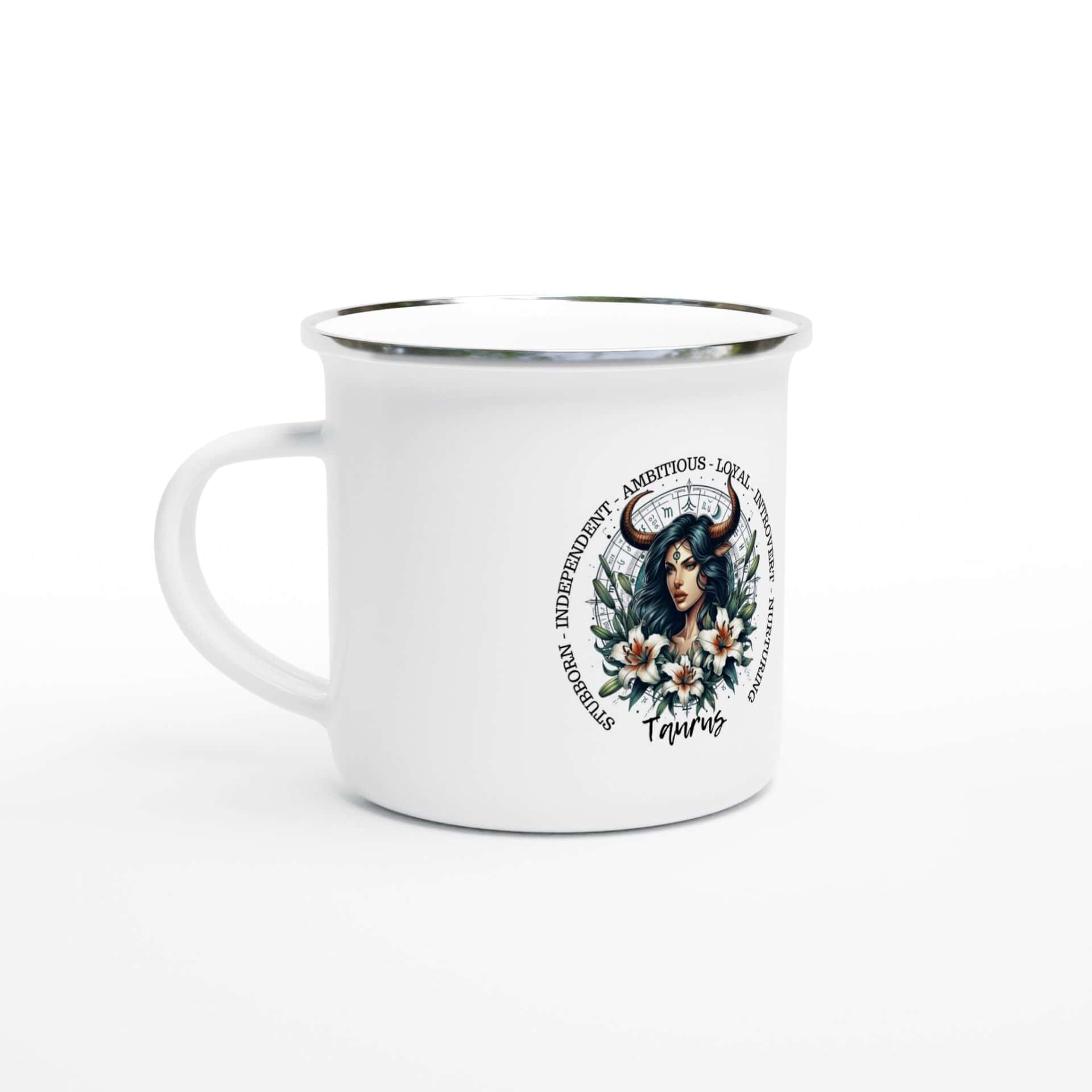 Horned woman Taurus enamel mug