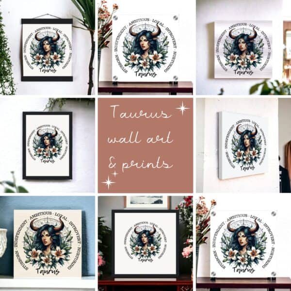 Taurus Horned Woman Traits Wall Art & Prints showcases framed and canvas designs of a horned woman with flowers and zodiac elements, centered by Taurus wall art & prints text on a pink background.