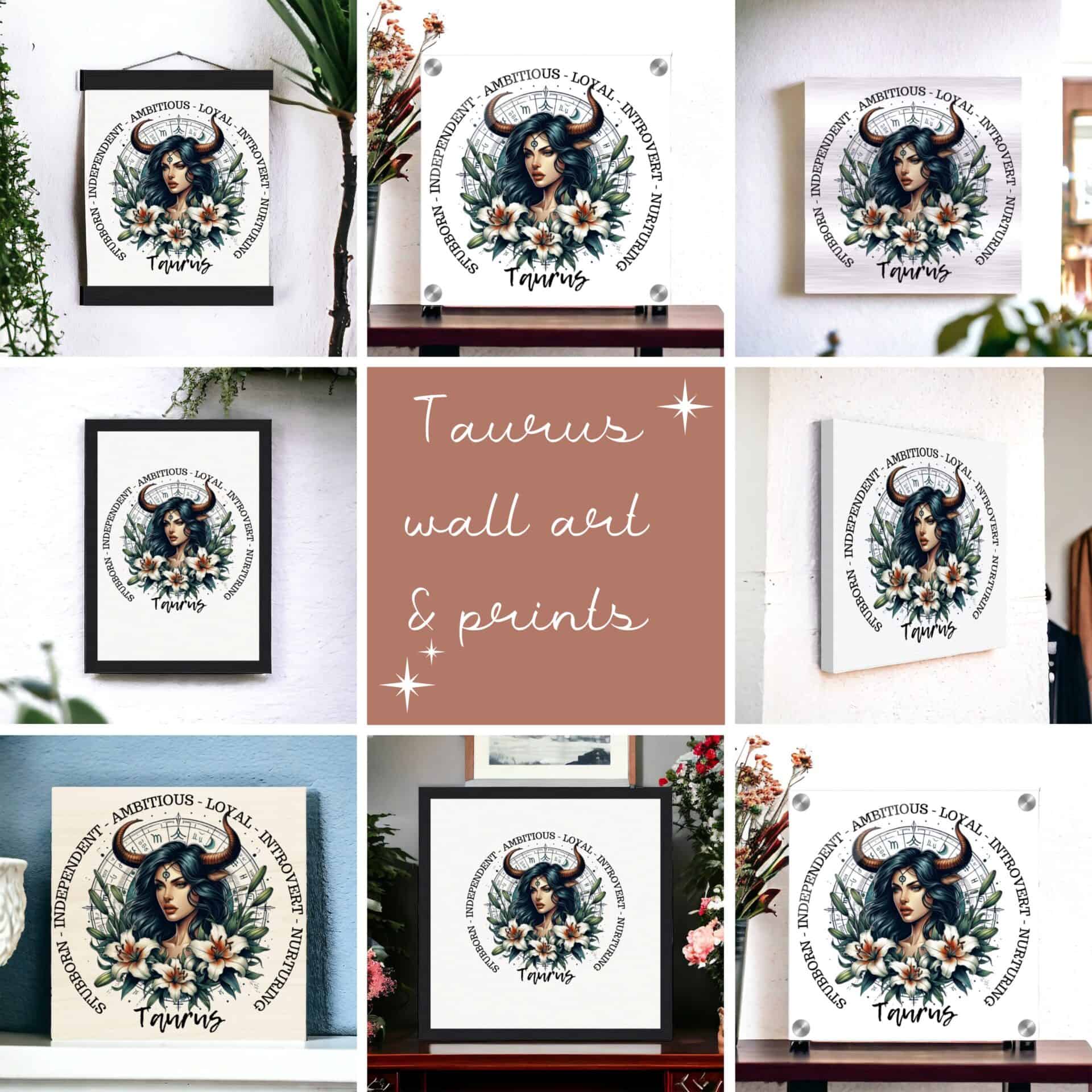 Taurus Horned Woman Traits Wall Art & Prints showcases framed and canvas designs of a horned woman with flowers and zodiac elements, centered by Taurus wall art & prints text on a pink background.