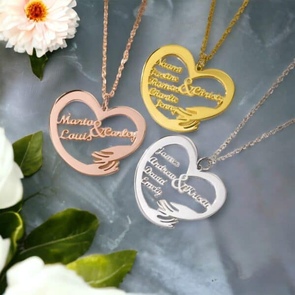 multi name heart necklace. Silver, Gold, Rose Gold