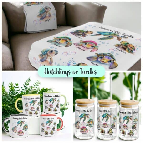 A collage displays Hatchlings or Turdles Personalised Homewares: baby blankets, a family-name blanket, ceramic mugs, and glass jars with straws—all with cute turtle designs and family titles. Text reads: Hatchlings or Turdles.