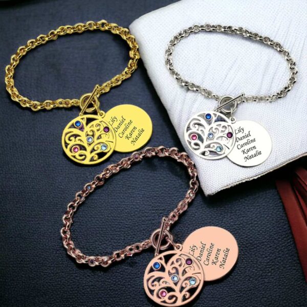 Three chain bracelets in gold, silver, and rose gold, each with engraved round pendants and colorful gemstones, are inspired by the Sterling Silver Family Tree Engraved Bracelet With Birthstones.