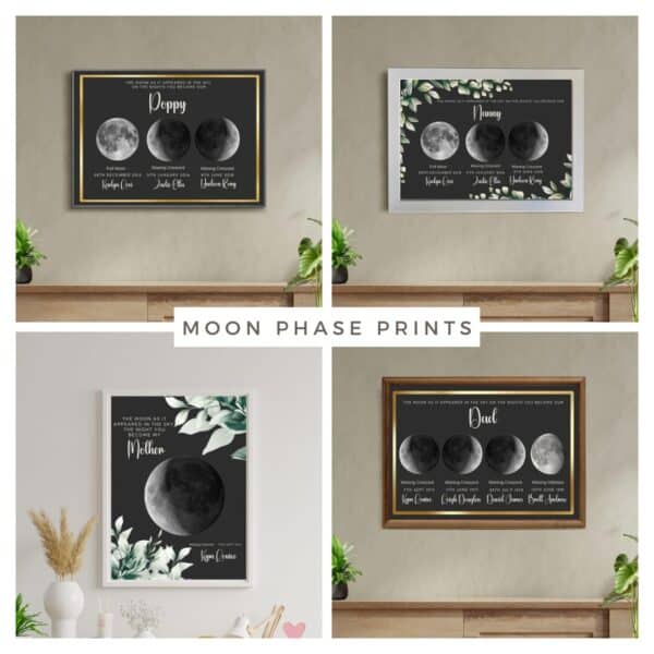 A collage of four Moon Phase Framed Print For Mum or Dad hangs on the wall, each with botanical details, personalized names and dates below moon phase images, and “MOON PHASE PRINTS” labeled in the center.