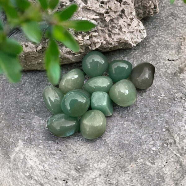 A cluster of Aventurine Tumble Stones rests on a rough gray rock, with green leaves and a textured stone in the background.