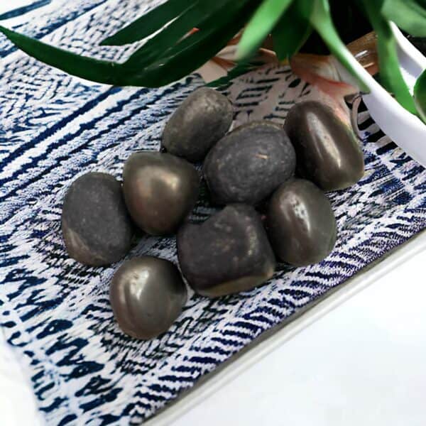 A small pile of shiny, dark Pyrite Tumble Stones rests on patterned blue and white fabric, with green leaves from a potted plant visible in the background.