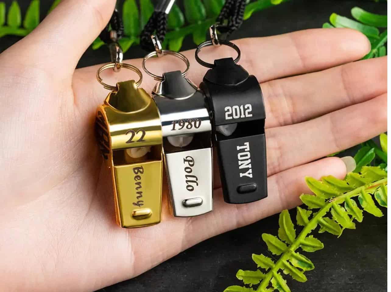 A hand holds three Personalised Whistle Necklaces—gold, silver, and black—each engraved with unique names and numbers. Green fern leaves are visible at the bottom of the image.