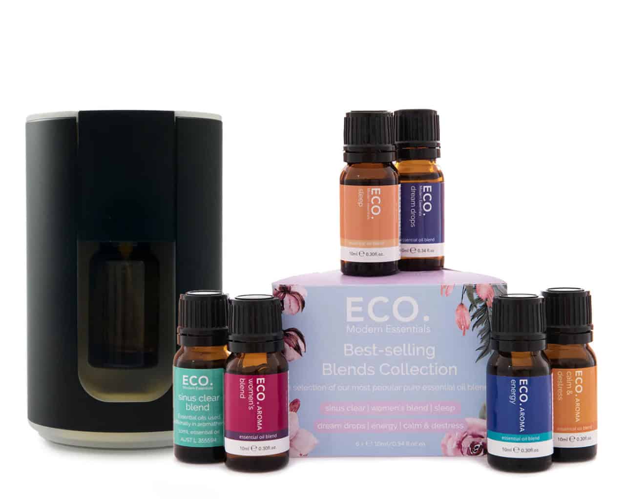 The Cordless Travel Diffuser & Best Blends Aromatherapy Bundle features a black diffuser, five ECO. Modern Essentials oils, and a lavender-pink “Best-Selling Blends Collection” box for portable aromatherapy anywhere.