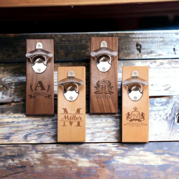 Four Wall Mounted Bottle Opener Personalised Gifts, each engraved with a unique name and decorative initial, featuring metal openers and rustic wooden backing—a thoughtful customised present for any occasion.