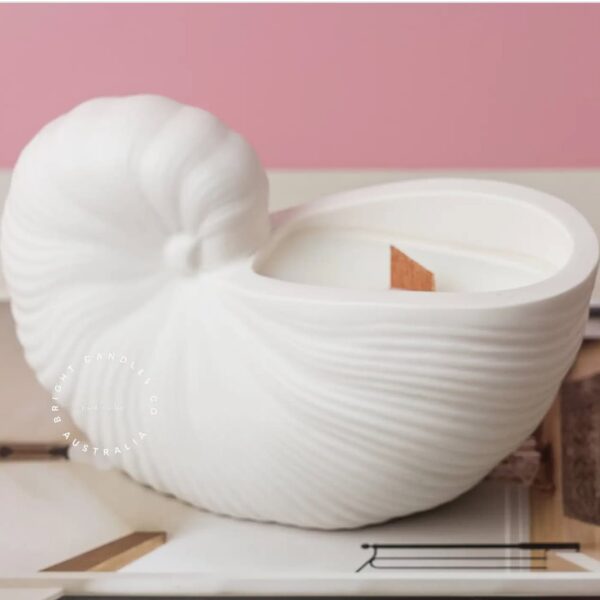 The Sea Shell Scented Candle, with a wooden wick and ceramic holder shaped like a sea shell, sits atop a stack of books.