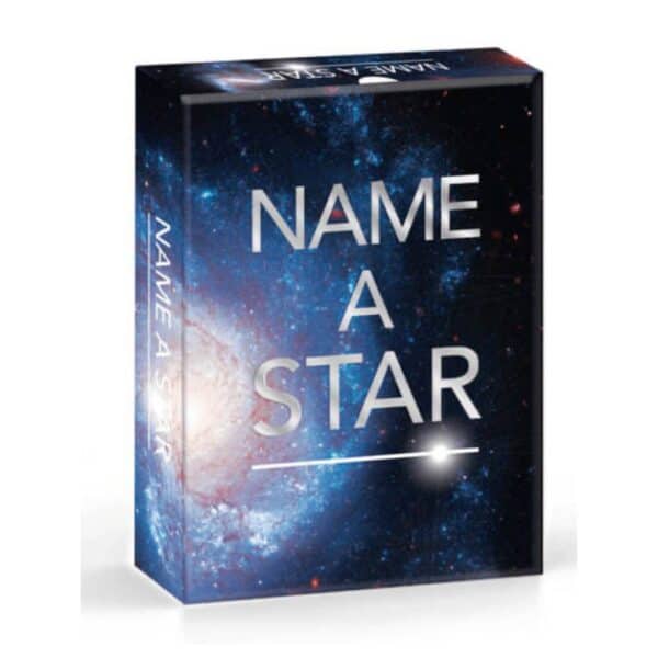 The Name A Star Gift Set comes in a dark blue box featuring a galaxy image and NAME A STAR in bold white letters, making it a unique gift perfect for celebrating special occasions.
