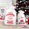 Two Santa Sacks Custom and Personalised are in front of a decorated tree: a large sack with festive red text for Noah, and a smaller sack featuring a Santa illustration for Charlie. Stockings hang by the fireplace in the background.