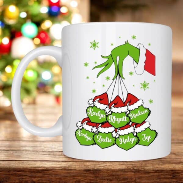 A Personalised Grinch Head Mug features a white Grinch face, green cartoon hand in a Santa sleeve holding up to 7 red and green Santa hats with custom names. A blurred Christmas tree is visible in the background.