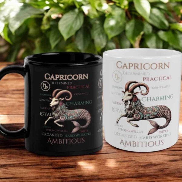 The Capricorn Seagoat Zodiac Traits Mug, available in black and white, showcases a detailed goat-fish illustration surrounded by words like determined, practical, and ambitious—perfect for celebrating Capricorn’s bold spirit.