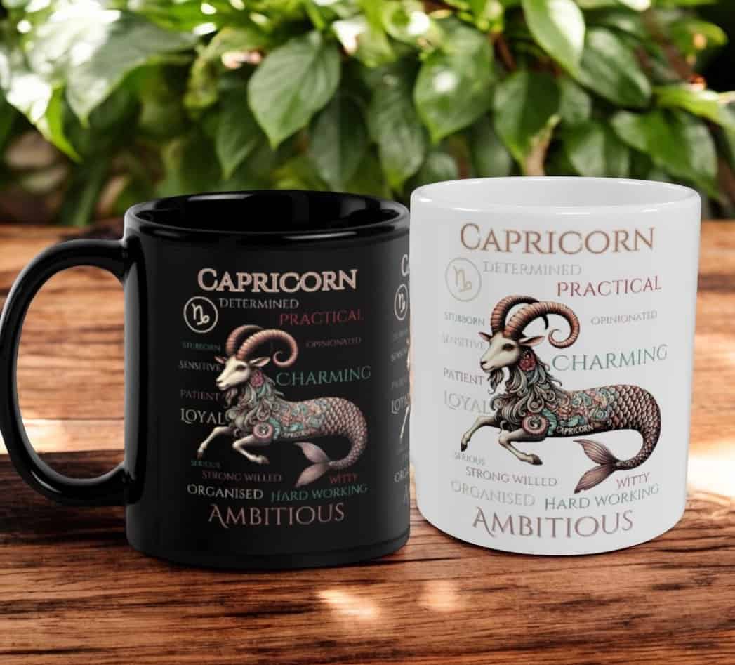 The Capricorn Seagoat Zodiac Traits Mug, available in black and white, showcases a detailed goat-fish illustration surrounded by words like determined, practical, and ambitious—perfect for celebrating Capricorn’s bold spirit.