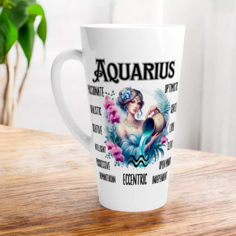 The Aquarius Zodiac Traits & Orchids Mug or Tumbler features an illustration of a woman with flowers, pouring water, and is surrounded by words like passionate, eccentric, and optimistic.
