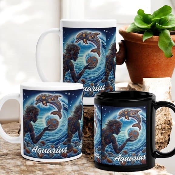 Two white and one black Aquarius Aboriginal Art Zodiac Mug feature an artistic Aquarius pouring water with dolphins and waves. The mugs are displayed beside a potted plant and some logs.