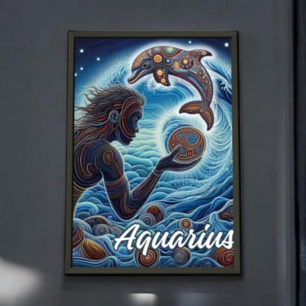 The Aquarius Dot Art Metal Framed Poster features a figure with flowing hair and detailed patterns, holding a circle, facing a patterned dolphin above swirling blue waves. Aquarius is displayed at the bottom.