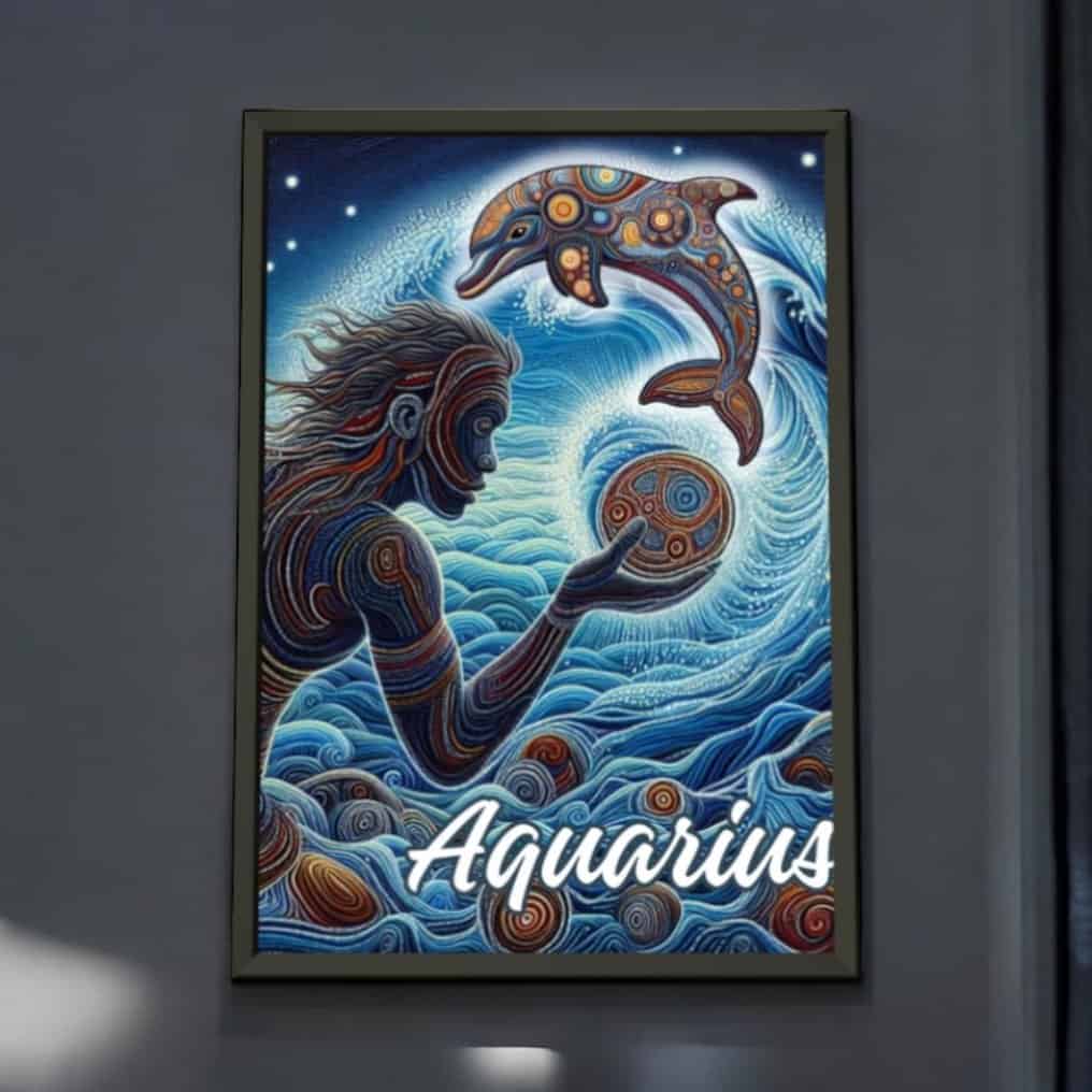 The Aquarius Dot Art Metal Framed Poster features a figure with flowing hair and detailed patterns, holding a circle, facing a patterned dolphin above swirling blue waves. Aquarius is displayed at the bottom.