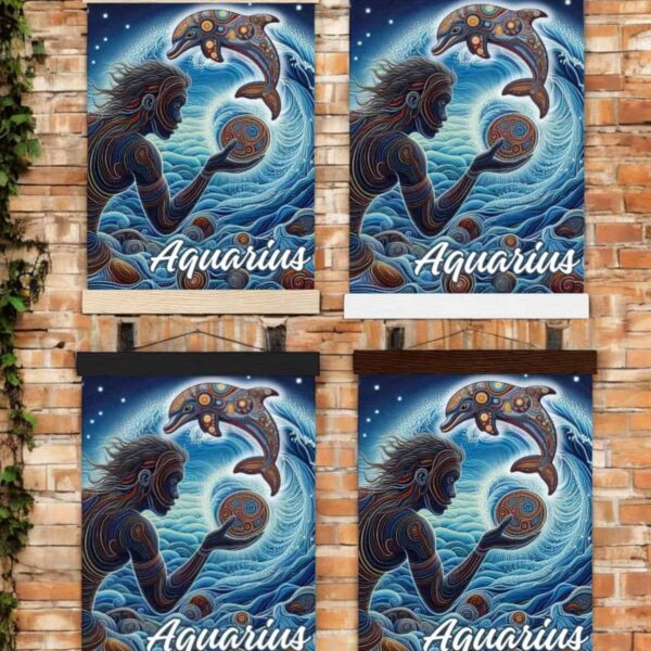 Four Aquarius Aboriginal Art Posters on a brick wall show a stylized Aquarius with flowing hair, holding a circle, facing a dolphin among swirling waves. Aquarius is written at the bottom of each poster.