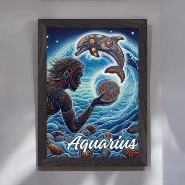The Aquarius Aboriginal Dot Art Wooden Framed Print features an Aquarius figure with flowing hair, patterned skin, and a sphere, reaching toward a colorful dolphin above swirling blue waves. Aquarius is written in white at the bottom.