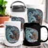 The Aquarius Feminine Aboriginal Art Mug, featuring artistic dolphin designs and the Aquarius zodiac sign, is displayed on a light surface with a potted plant in the background.