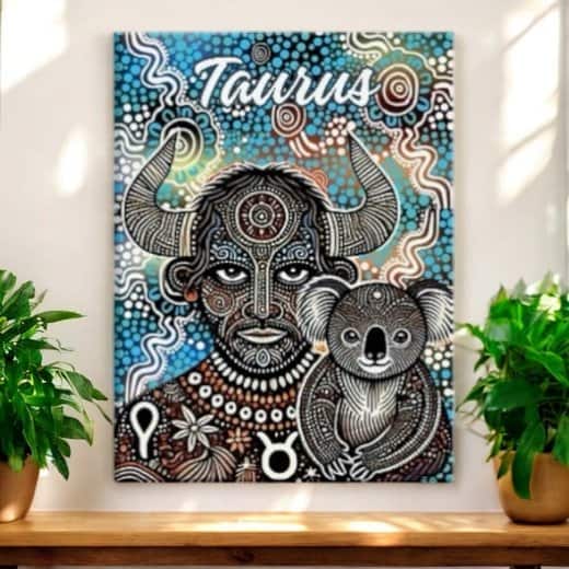 The Taurus Bull Horn Man with Koala Aboriginal Zodiac Dot Art Canvas Copy hangs on a white wall between two green potted plants, featuring vibrant artwork in a stylized dot art design.