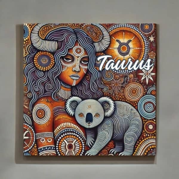 The Taurus Bull Horned Woman with Koala Aboriginal Astrology Dot Art Canvas features a vibrant woman with bull horns, dot patterns, and a koala amid zodiac motifs and circular designs, inspired by Aboriginal art.