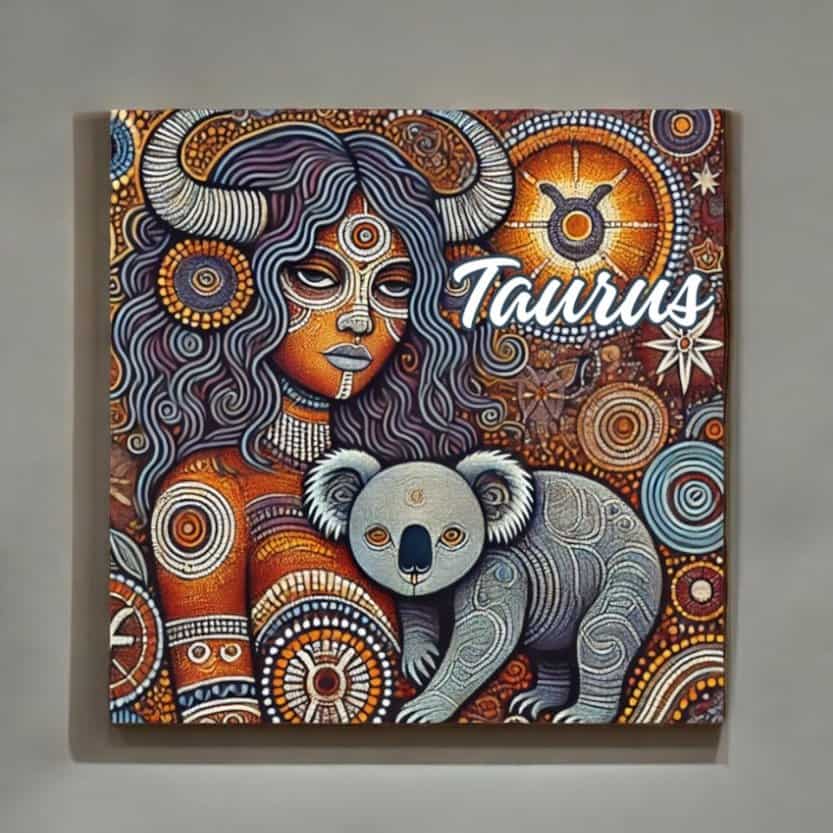 The Taurus Bull Horned Woman with Koala Aboriginal Astrology Dot Art Canvas features a vibrant woman with bull horns, dot patterns, and a koala amid zodiac motifs and circular designs, inspired by Aboriginal art.